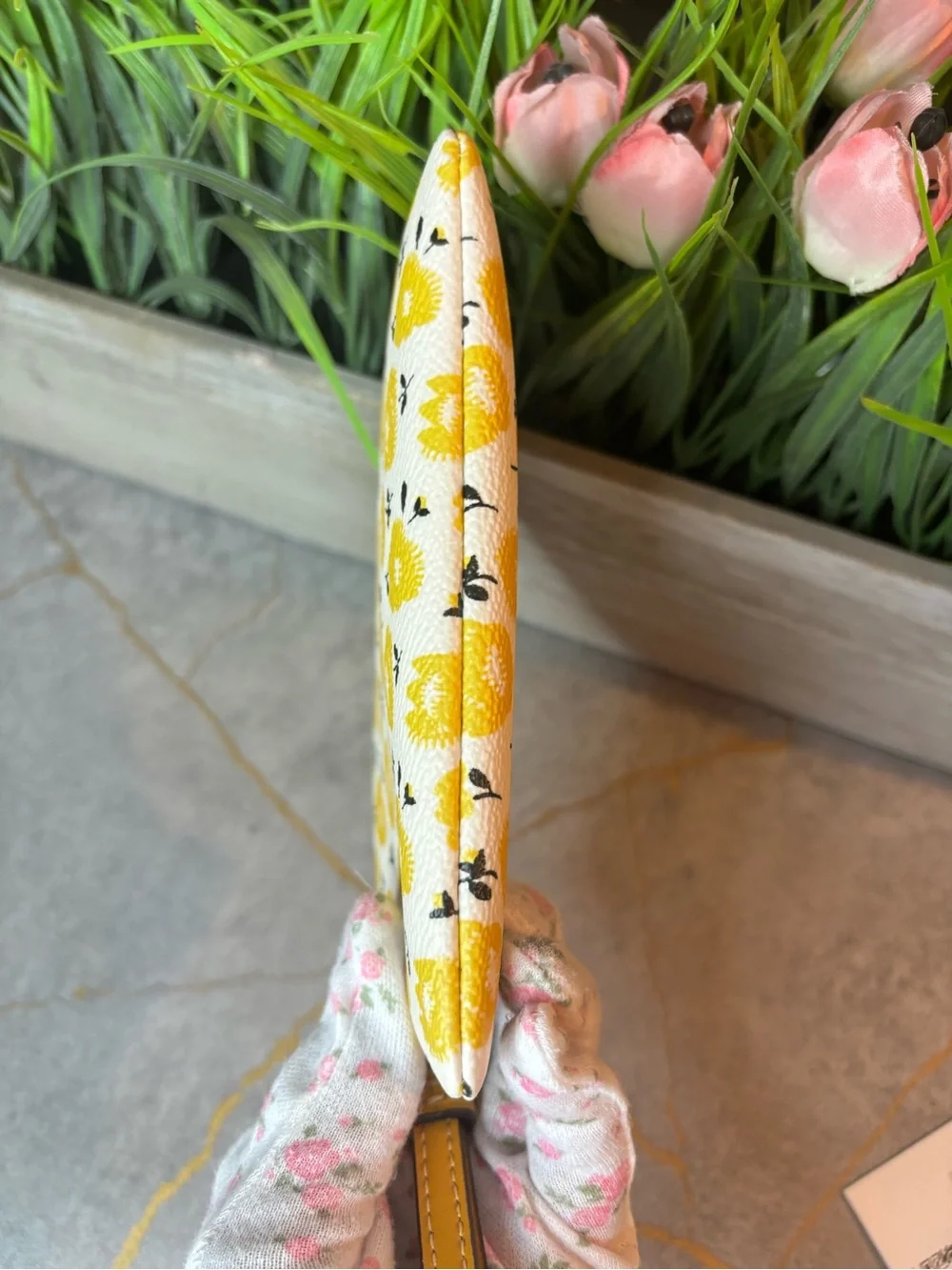COACH NWT Yellow Floral Wristlet Pouch with Brown Strap